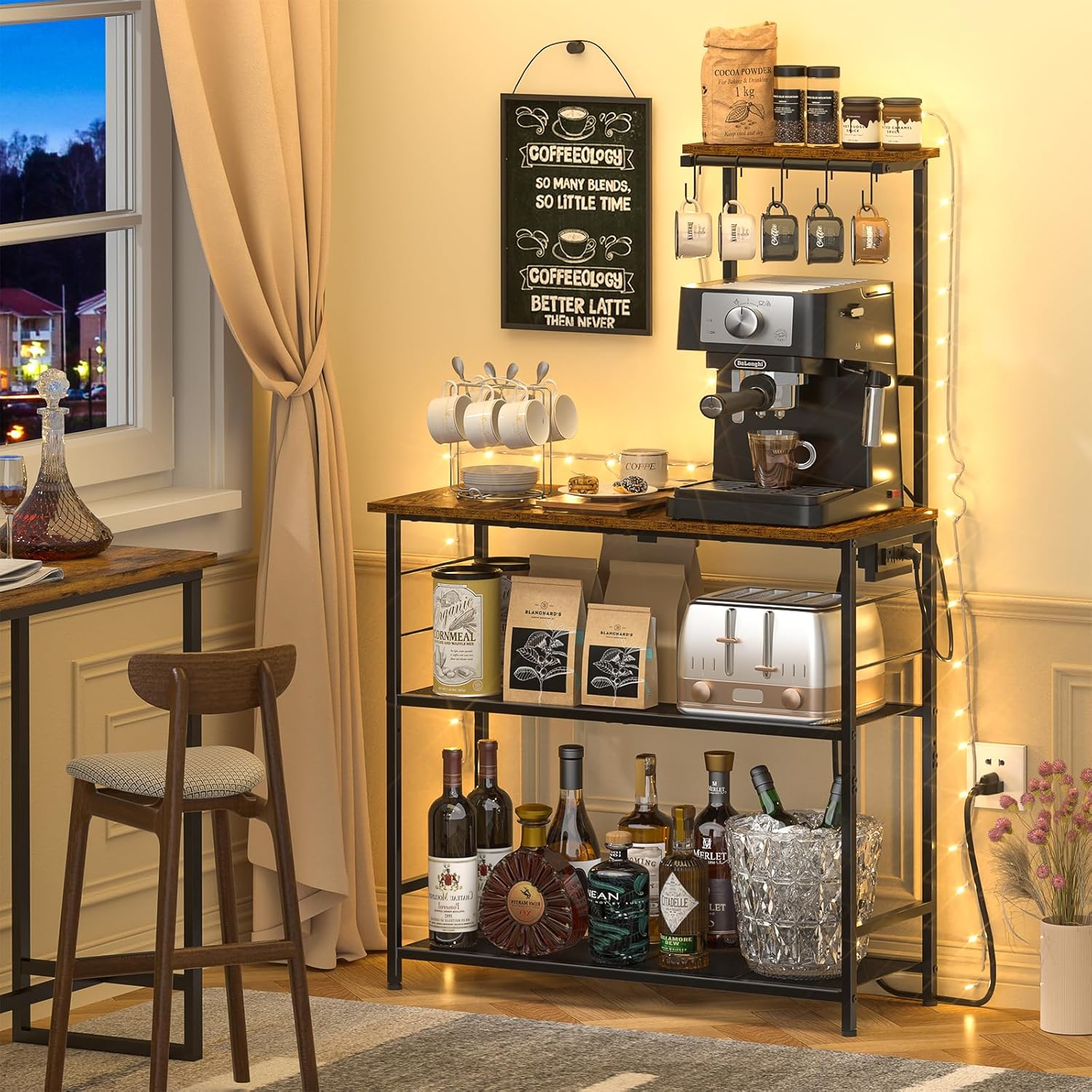 3IngSeagulls 4-Tier Bakers Rack with Power Outlet, 33 Inch Kitchen Microwave Stand with 6 S-Shaped Hooks, Coffee Bar Station with Adjustable Shelf, Rustic Brown