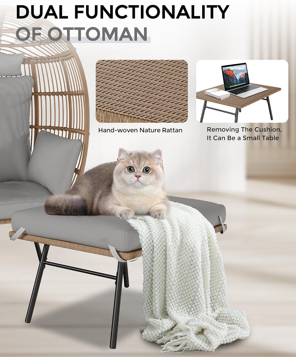 Wicker Egg Chair with Ottoman, Oversized Egg Shaped Lounge Chair with Thick C...