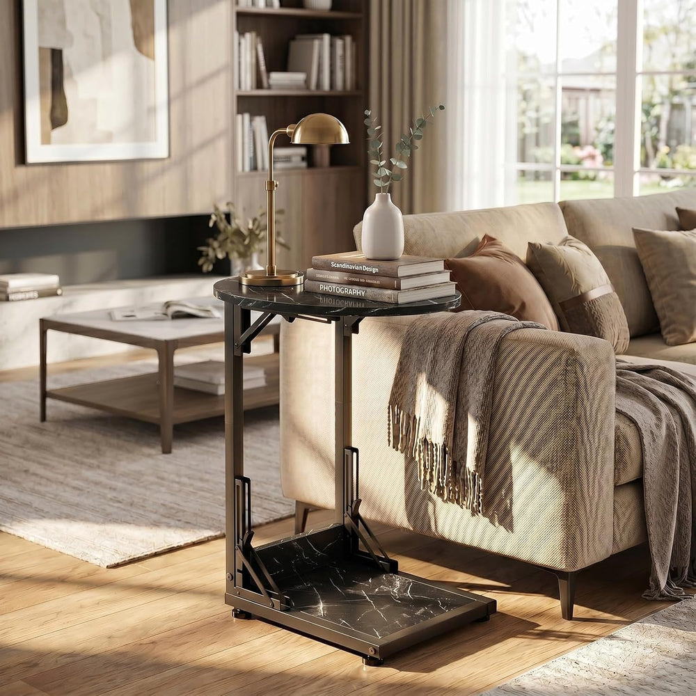 Folding Side Table, C Shaped End Table with Metal Frame, Round Couch Table &a...