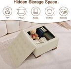 WUTUTUEE 24" Fabric Square Storage Ottoman with Wooden Tray, Modern Tufted Button Footstool Coffee Table, Upholstered Small Ottoman for Living Room, Bedroom, Khaki