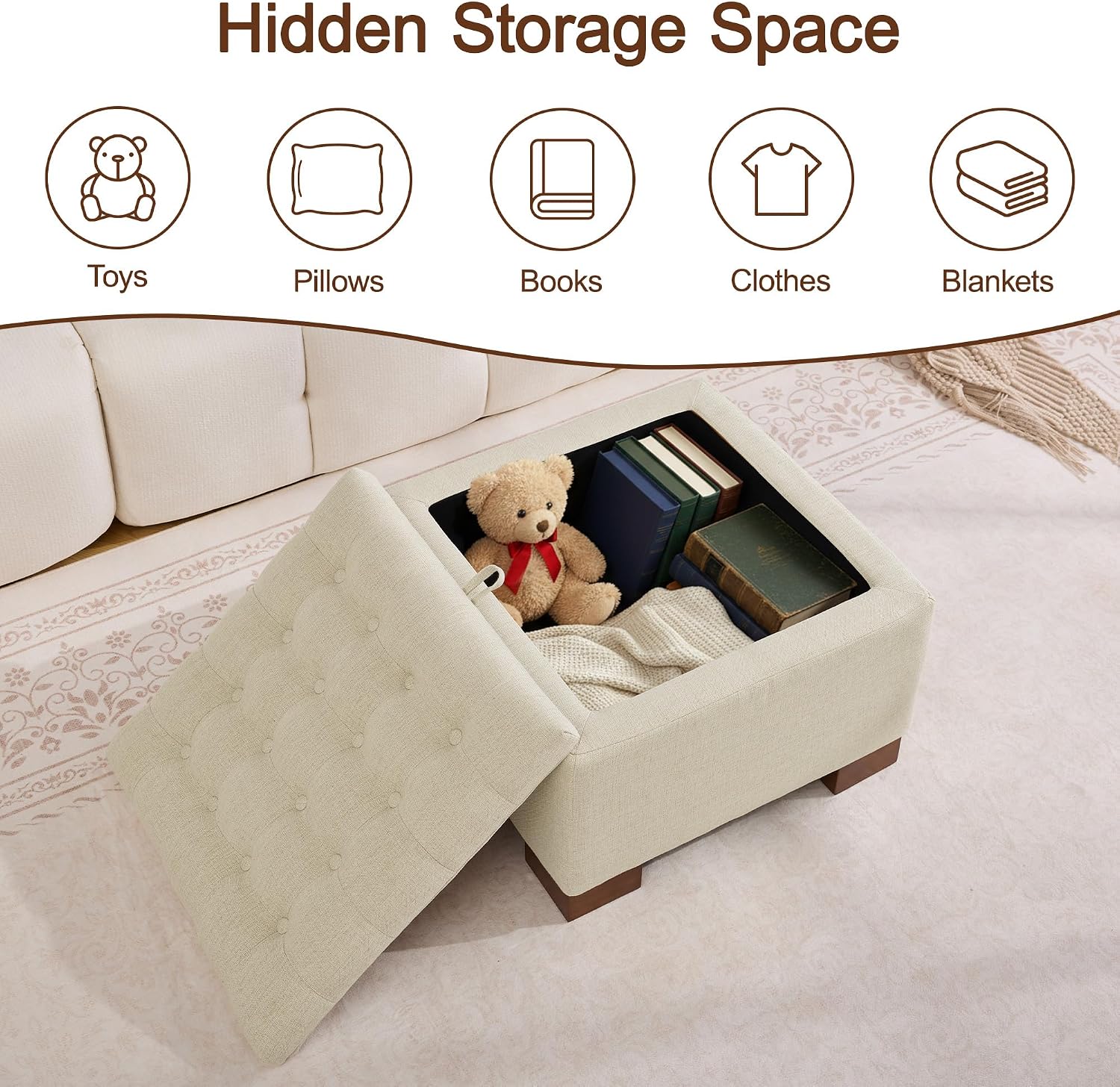 WUTUTUEE 24" Fabric Square Storage Ottoman with Wooden Tray, Modern Tufted Button Footstool Coffee Table, Upholstered Small Ottoman for Living Room, Bedroom, Khaki