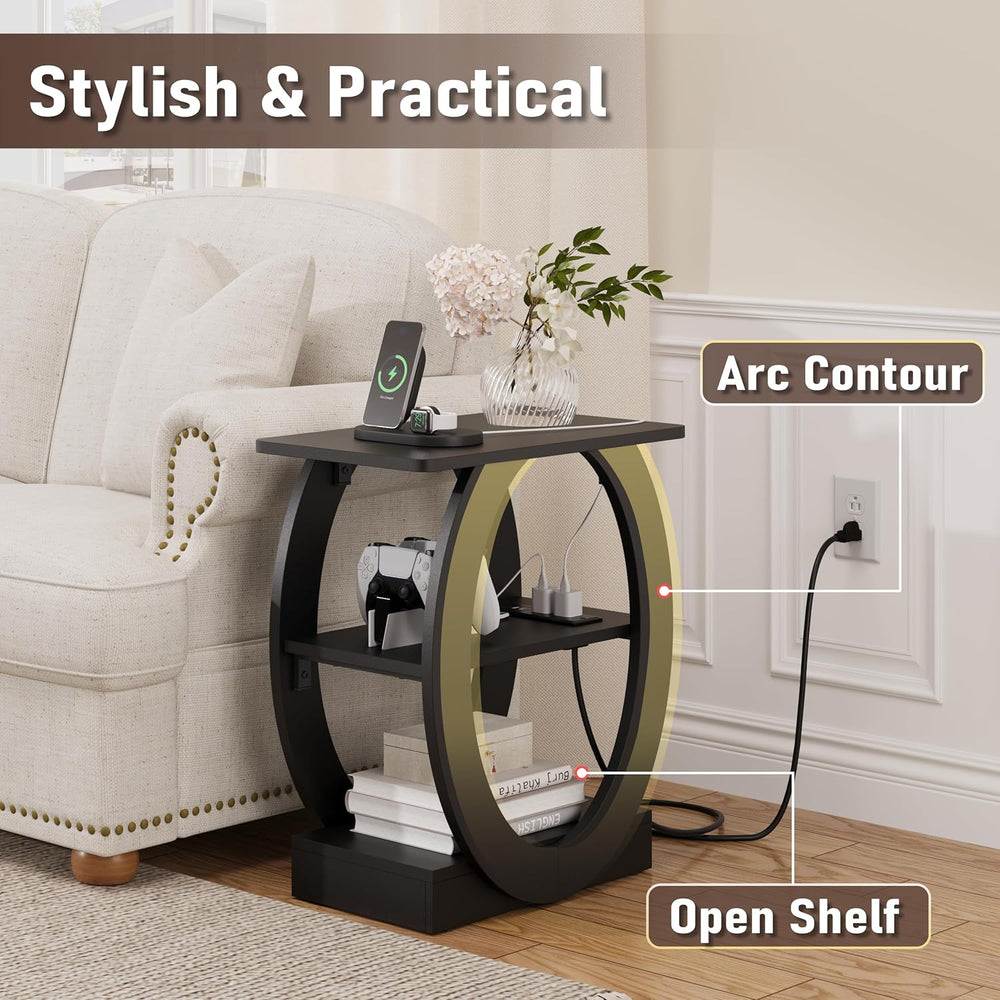 End Table Set of 2 with Charging Station, Black Side Table with USB Ports and...
