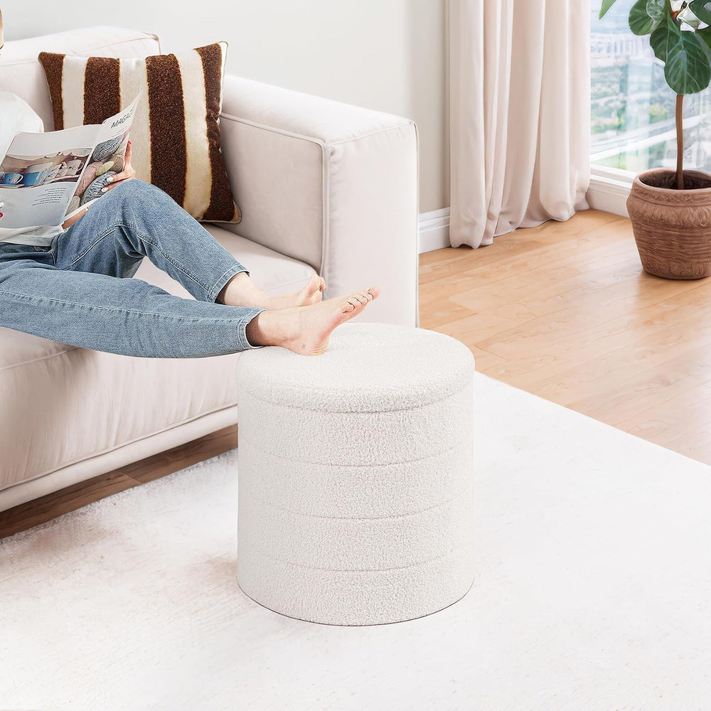 PINPLUS Round Storage Ottoman Foot Rest Stool with Tray Velvet Sherpa Folding...