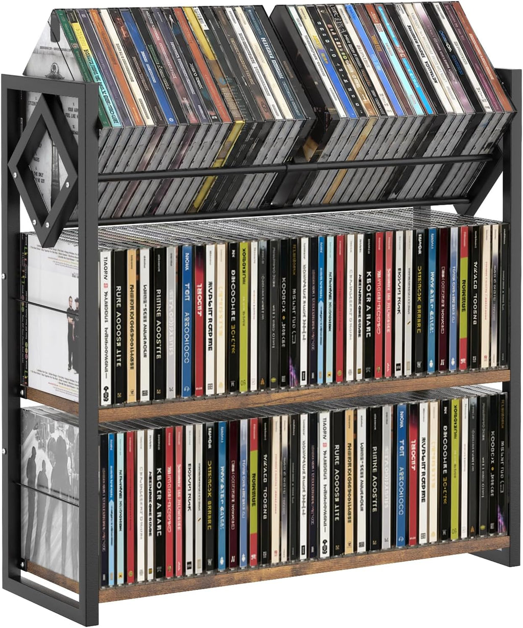3-Tier CD Holder for 120 CDs, Wooden and Metal CD Storage Rack For DVDs | Top Shelf Shows Favorite Album Art, Open Tiers Keep CDs and DVDs Sorted For Retro Music Corners