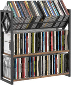 3-Tier CD Holder for 120 CDs, Wooden and Metal CD Storage Rack For DVDs | Top Shelf Shows Favorite Album Art, Open Tiers Keep CDs and DVDs Sorted For Retro Music Corners