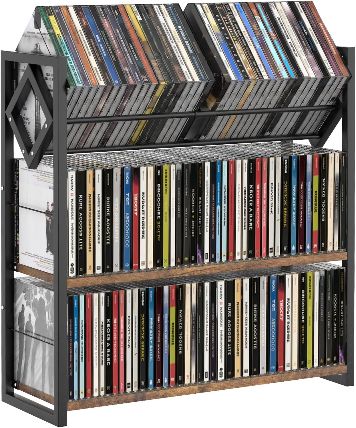 3-Tier CD Holder for 120 CDs, Wooden and Metal CD Storage Rack For DVDs | Top Shelf Shows Favorite Album Art, Open Tiers Keep CDs and DVDs Sorted For Retro Music Corners