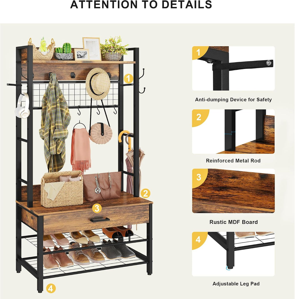 DKLGG Hall Tree with Bench and Shoe Storage for Entryway, 5-in-1 Coat Rack with Shoe Storage, Wood Look Accent Shoe and Coat Rack, Farmhouse Hall Tree with 12 Hooks for Mudroom, Bedroom, Living Room