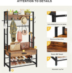 DKLGG Hall Tree with Bench and Shoe Storage for Entryway, 5-in-1 Coat Rack with Shoe Storage, Wood Look Accent Shoe and Coat Rack, Farmhouse Hall Tree with 12 Hooks for Mudroom, Bedroom, Living Room