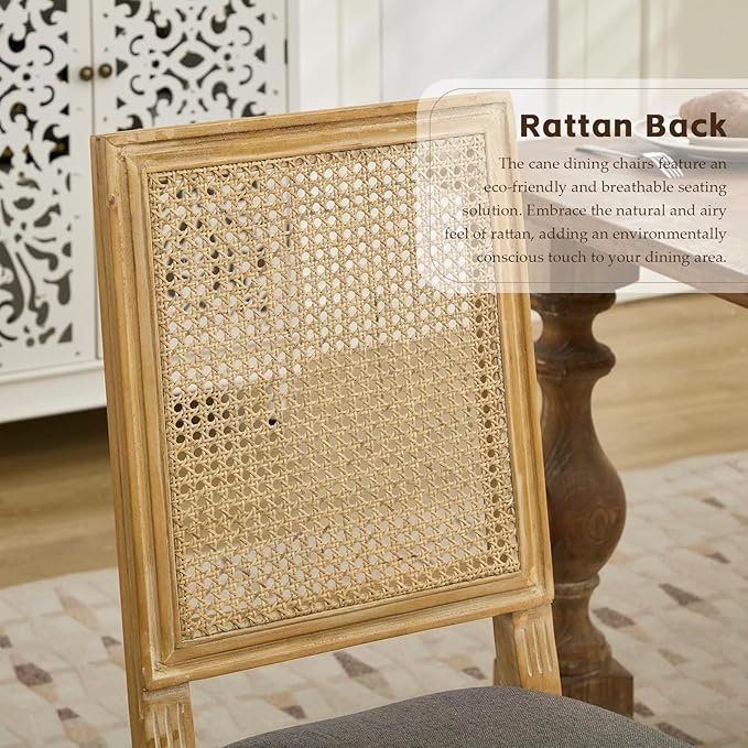 Dining Chairs Set of 2 for Dining Room & Kitchen, French Country Rattan Cane Back Chairs with Linen Upholstered Seat and S-Spring Support, Dark Gray