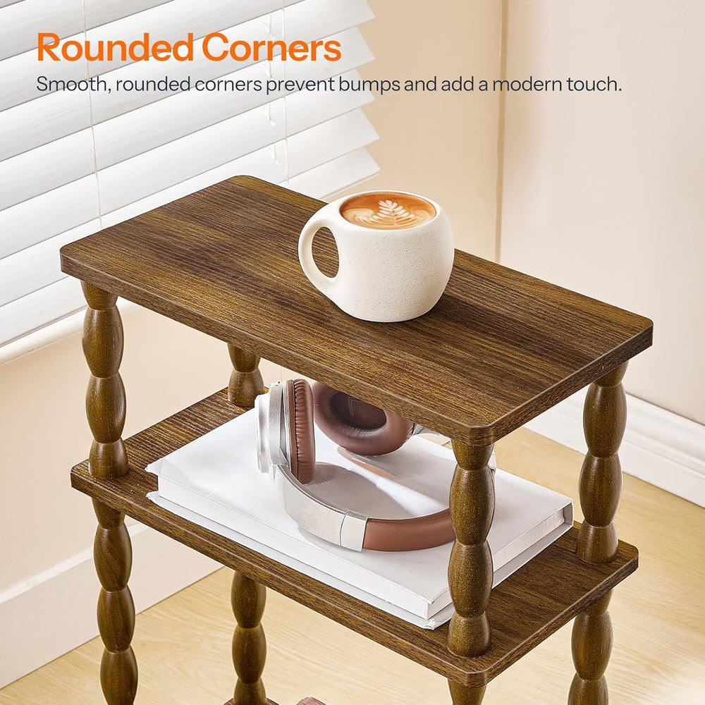 HOOBRO Narrow Side Table, Skinny End Table with Storage, Solid Wood Legs, 3-T...