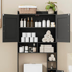 Homhedy Over The Toilet Storage Cabinet with 2 Barn Door and Toilet Paper Holder Stand, FreeStanding Toilet Shelf Space Saver, for Bathroom, Restroom, Laundry, Black