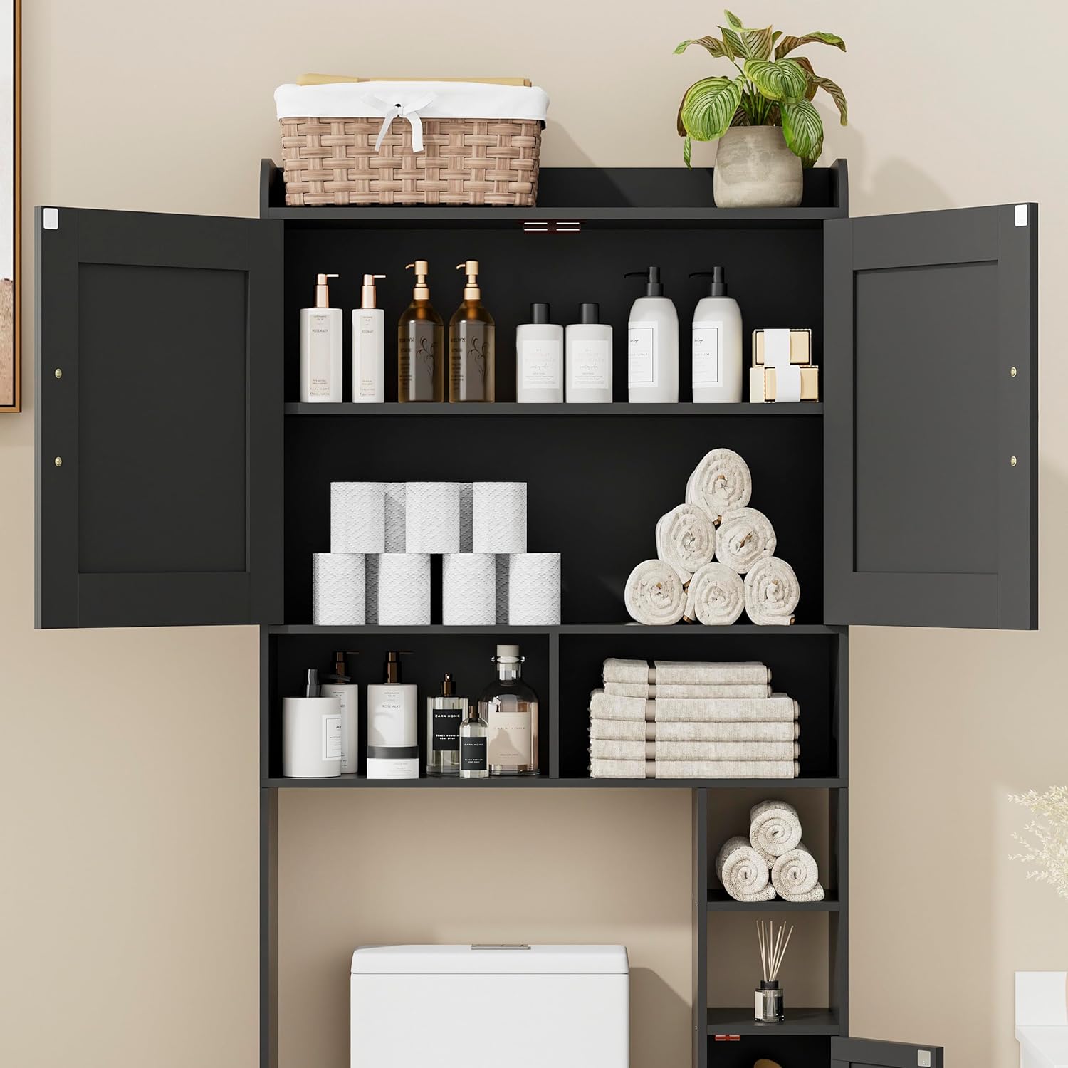 Homhedy Over The Toilet Storage Cabinet with 2 Barn Door and Toilet Paper Holder Stand, FreeStanding Toilet Shelf Space Saver, for Bathroom, Restroom, Laundry, Black