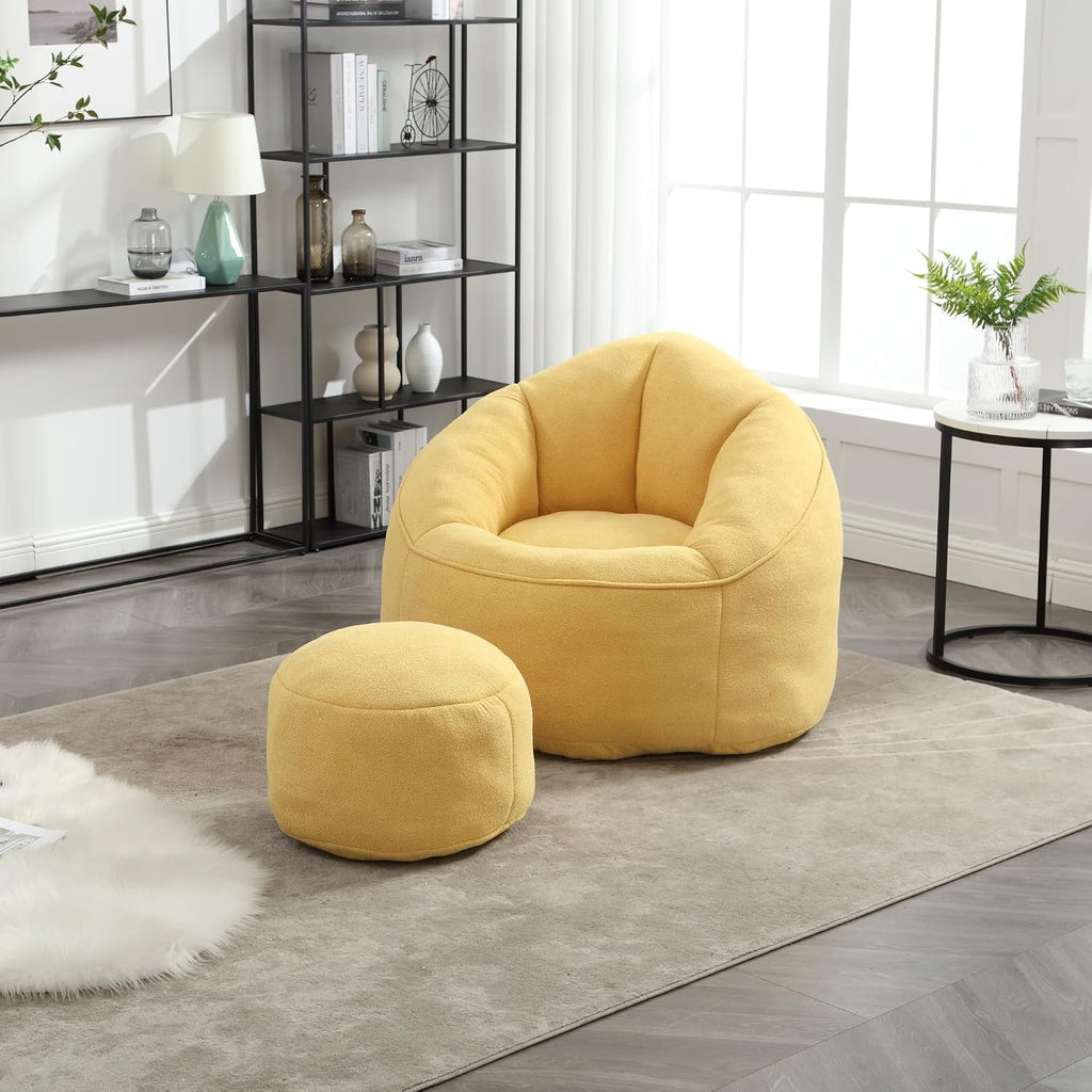 Bean Bag Chairs for Adults, Bean Bag Chair for Kids, 3.4 FT Comfy Beanbag Chair with Ottoman, Bubble Chair Corner Chair, Modern Giant Bean Bag Sofa for Living Room, Yellow