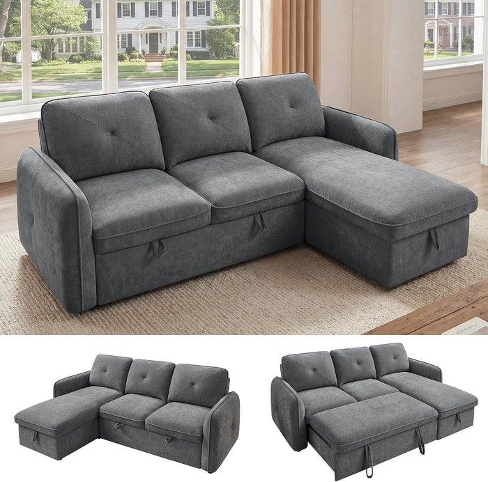 Sectional Sleeper Sofa, Pull-Out Bed, Storage Chaise, Chenille Gray