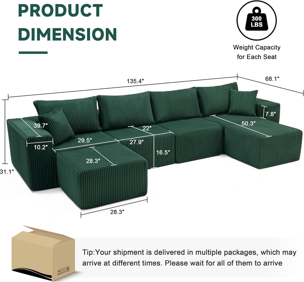 135.4" Sectional Couches for Living Room, U Shaped Couch, Green