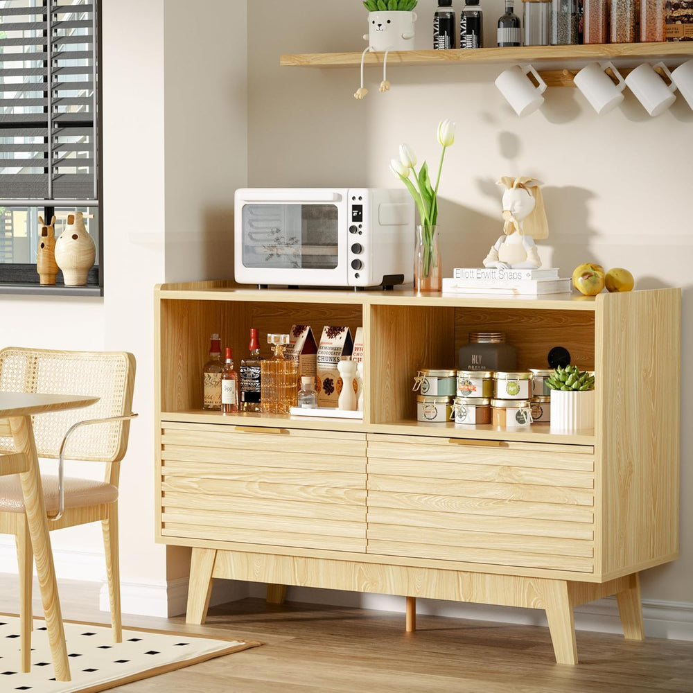 Fluted Buffet Sideboard Oak, Modern Storage Cabinet w/Cord Cutout, Accent Cab...