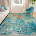 Washable Area Rugs 7'x9' Non-Slip Modern Abstract Soft for Living Room Entryway Bedroom Nursery, Print Pattern, Teal Blue Green Orange Rust Red Colorful