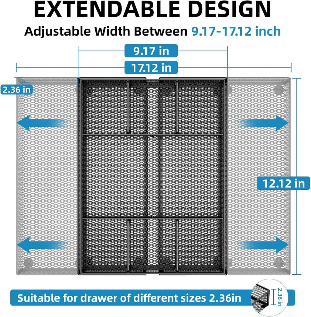 Marbrasse Expandable Desk Drawer Organizer, Mesh Drawer Organizer Tray with 10 Adjustable Compartments, Desk Organizers and Accessories for Office Supplies, Makeup & Vanity (Expandable Black-2 pack)