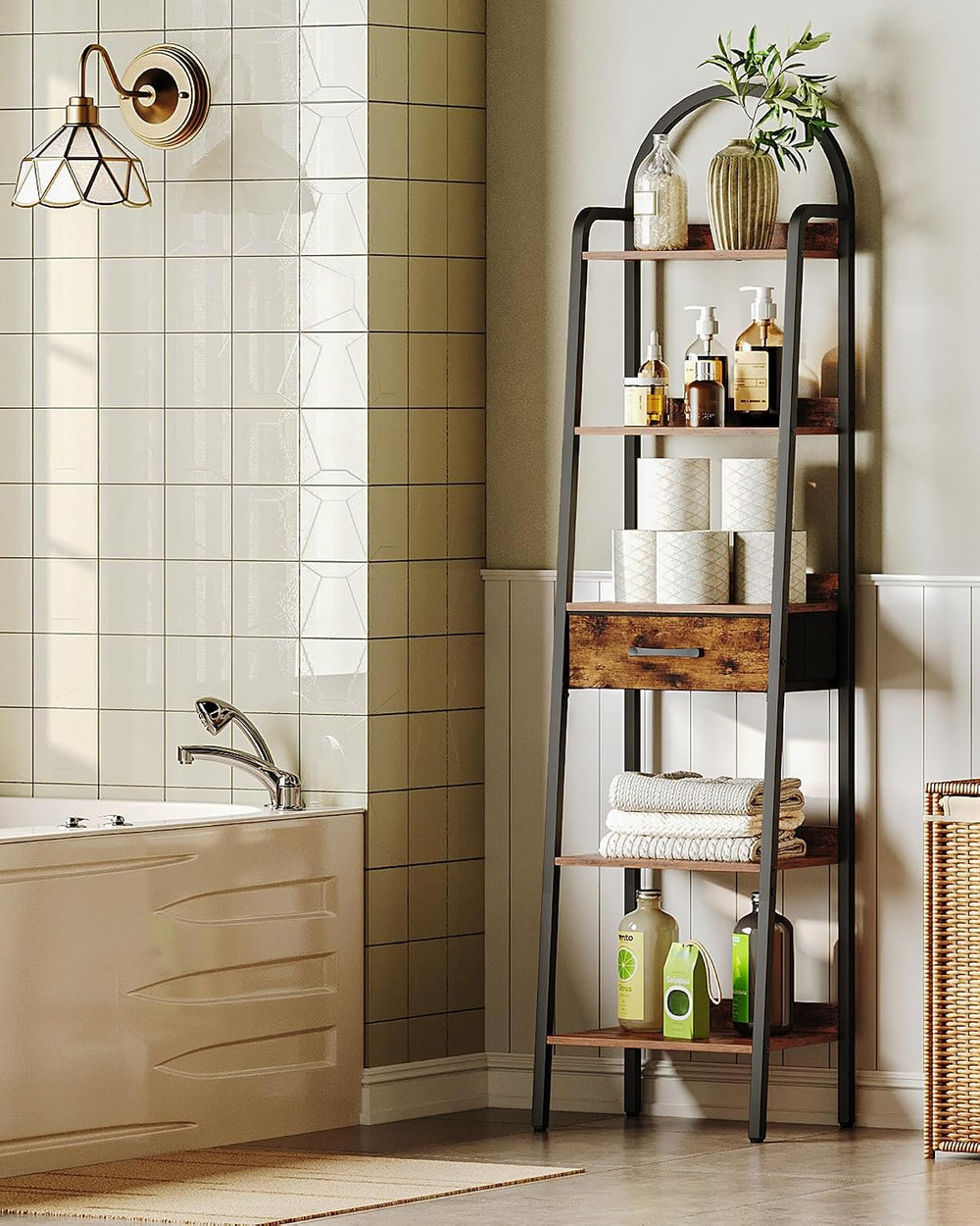 CHOEZON 5 Tier Ladder Shelf with Drawer, Tall Ladder Bookshelf, Standing Book...