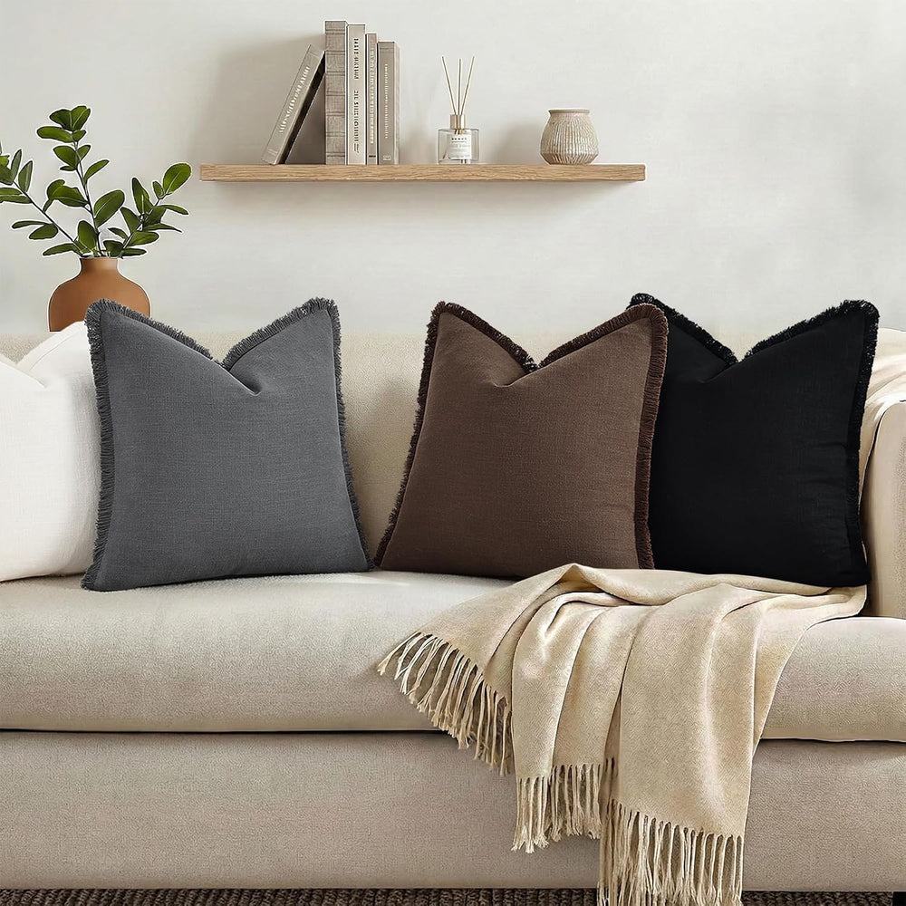 decorUhome Linen Fringe Chocolate Throw Pillow Covers 18x18 Set of 2