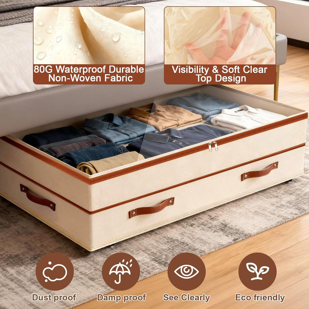Dolicer 2 Pack Under Bed Storage with Wheels, 6in-10in Height Adjustable Underbed Storage Containers, 92L XXXL Under Bed Drawers Rolling Bin with Clear Lids for Dorm Shoes Clothes Organizers(Beige)