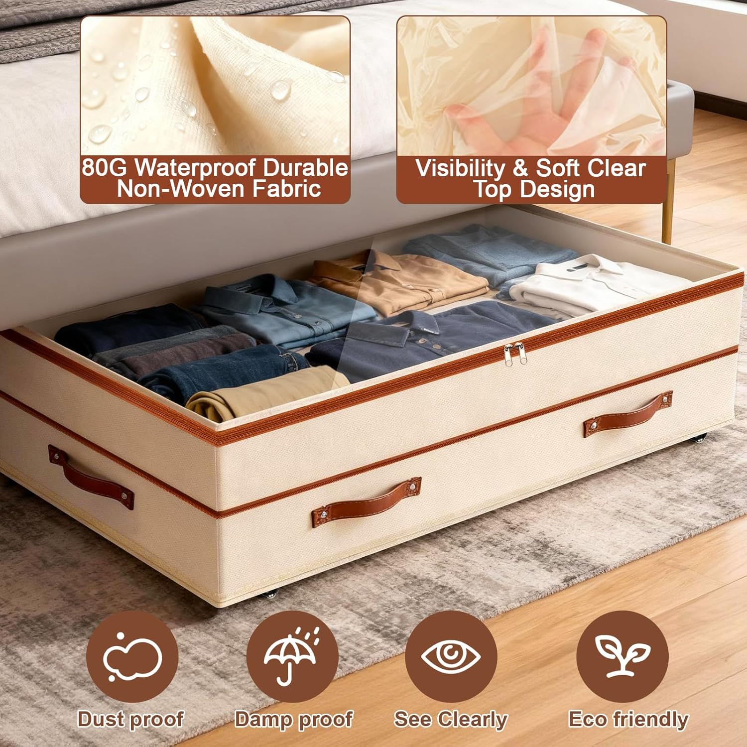 Dolicer 4 Pack Under Bed Storage with Wheels, 6in-10in Height Adjustable Underbed Storage Containers, 92L XXXL Under Bed Drawers Rolling Bin with Clear Lids for Dorm Shoes Clothes Organizers(Beige)