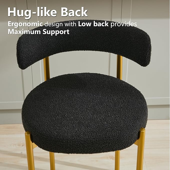 Boucle Dining Chairs Set of 2, Mid Century Modern Dining Room Chairs with Barrel Backrest, Upholstered Black Kitchen Chairs for Dining Room, Restaurant, Gold Metal Frame