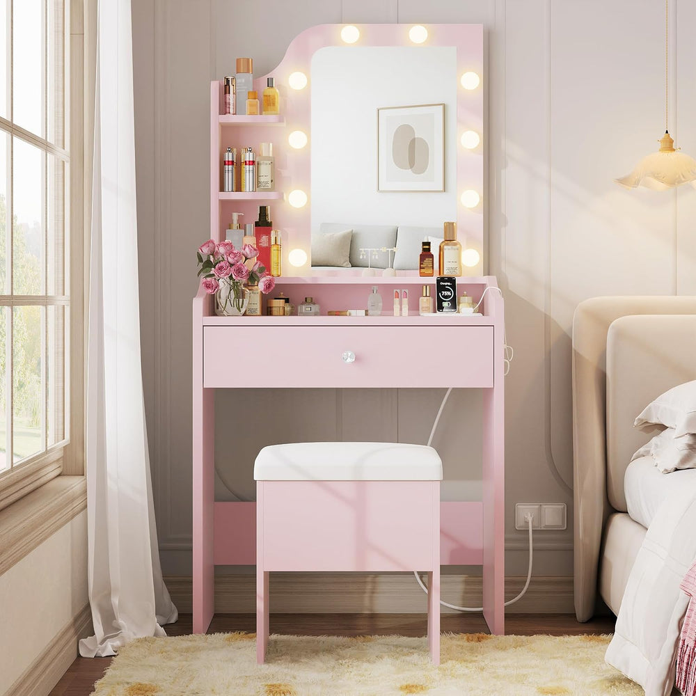 LIKIMIO Small Vanity Desk with Mirror Lights and Storage Stool, Pink | Vanity...