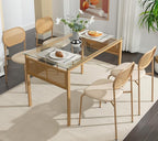 COSVALVE Boho Dining Table Chairs Set of 4, Tempered Glass Tabletop with Rattan Decor, Upholstered Cane Dining Chair with Rattan Back Metal Legs, for Dinner Living Room Reception