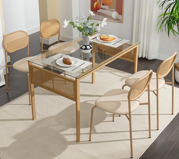 COSVALVE Boho Dining Table Chairs Set of 4, Tempered Glass Tabletop with Rattan Decor, Upholstered Cane Dining Chair with Rattan Back Metal Legs, for Dinner Living Room Reception