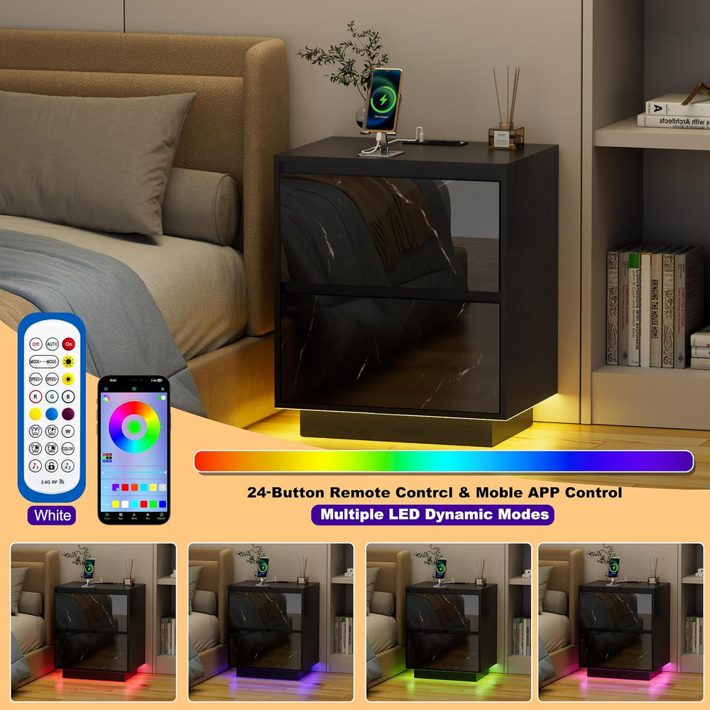 Anbuy LED Nightstand with 2 Drawers & Power Outlets, Nightstand Set of 2 ...