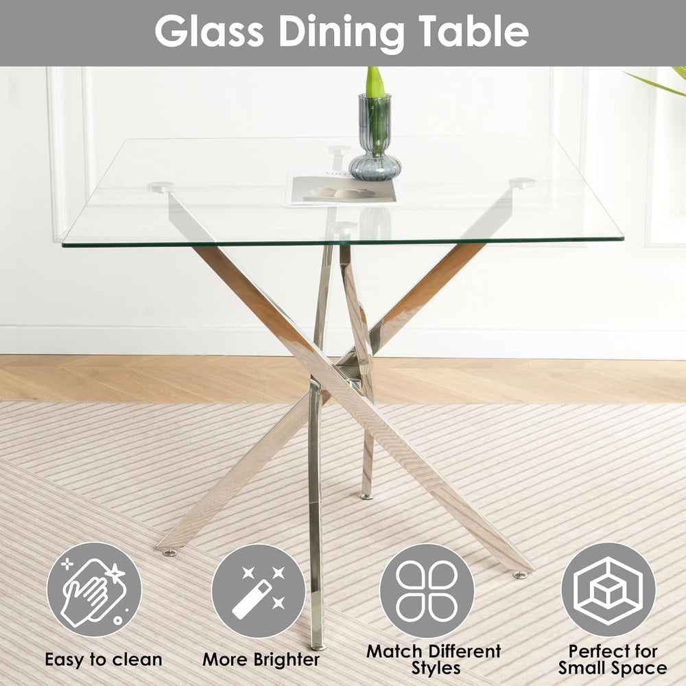 5 Piece Silver Luxury Glass Dining Set, Modern Minimalist Kitchen Table Set f...
