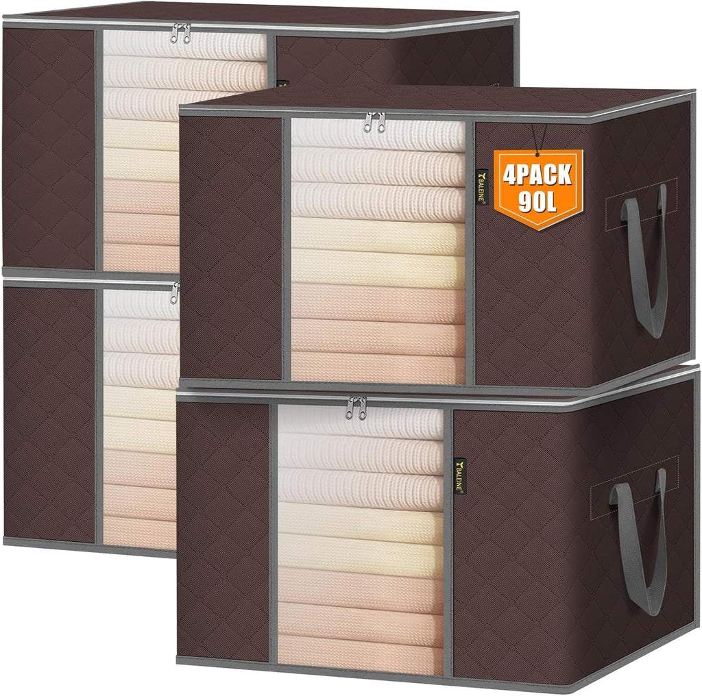 BALEINE 4 Pack Clothes Storage Bags, 24 Gallon Storage Containers with Reinforced Handle, Sturdy Zipper, Closet Organizer for Blanket, Comforter, Pillow, Bedding (Brown, 4 Pack)