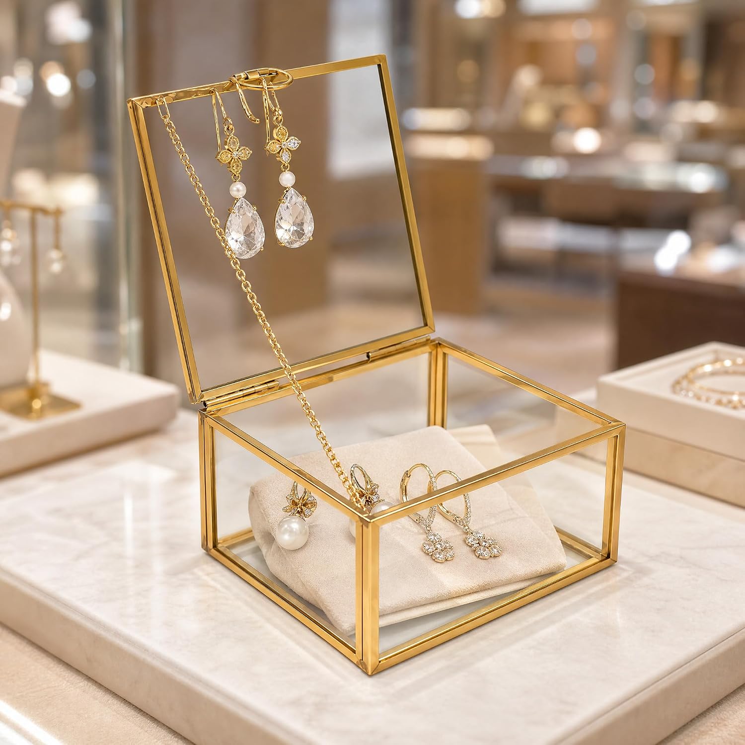 Gold Glass Jewelry Box Organizer for Women Girls, Small Trinket Keepsake Box with Lid, Clear Jewelry Storage Case for Rings Earrings Necklace, Decorative Vanity Dresser Bathroom Countertop Organizer