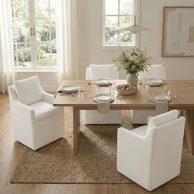 Upholstered Dining Chairs Set of 1, Modern Dining Room Chairs with Casters & Washable Cover, Rolling Accent Chair with Hidden Storage for Kitchen, Farmhouse, Living Room, White, 1 Box