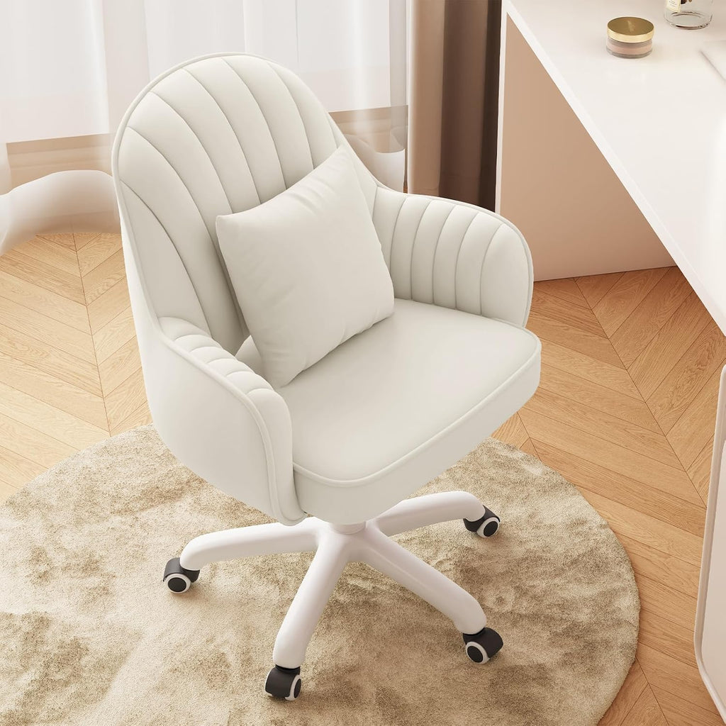 Mid-Back Velvet Desk Chair, Height Adjustable Swivel Vanity Chair with Wheels, Rolling Accent Chair for Home Office, Bedroom, Living Room, Cream