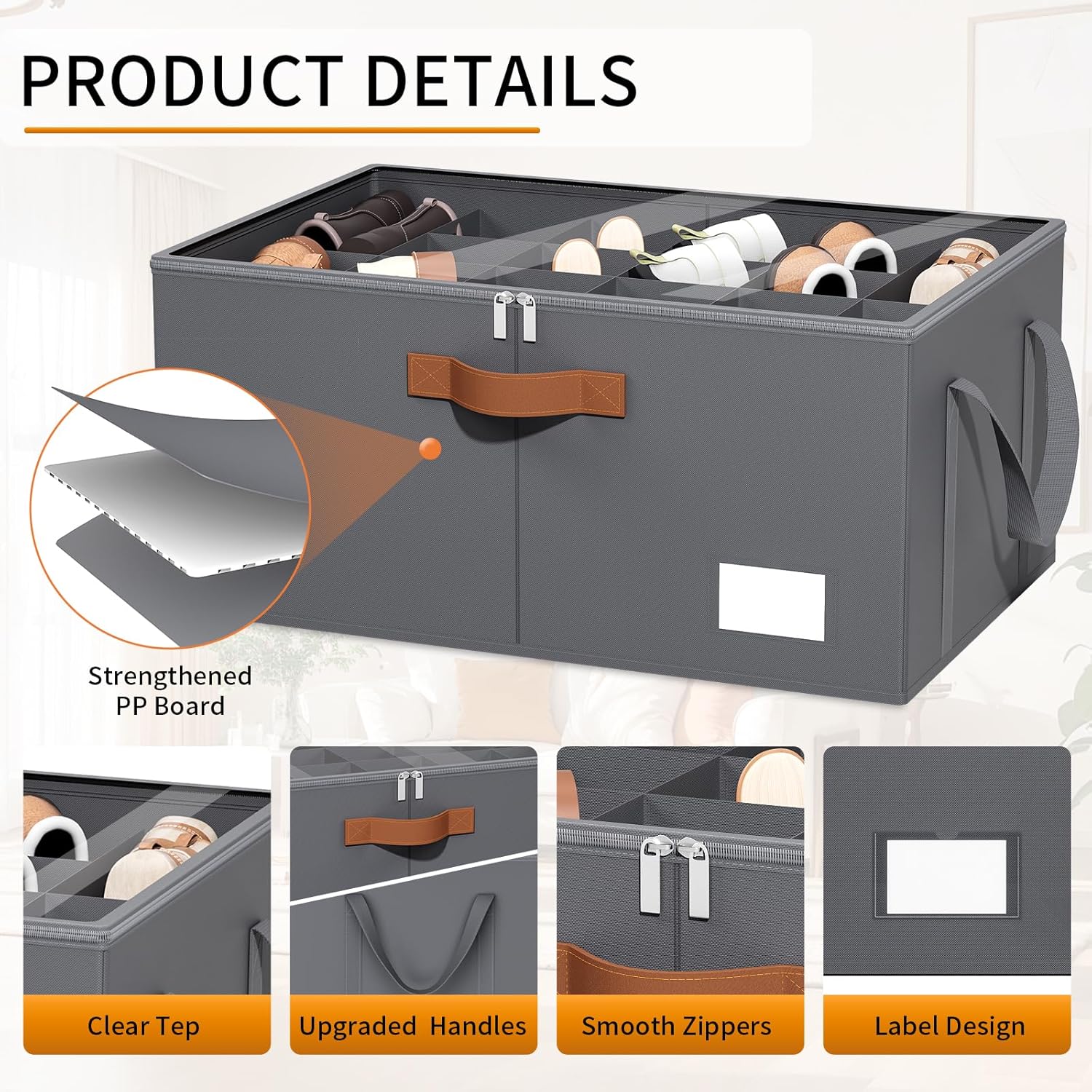 2 Pack Shoe Organizer for Closet, Foldable Shoe Storage Organizer with Clear Cover, Lable and Reinforced Handles, Space Saving Shoes Box Fits up to 20-40 Pairs, Gray