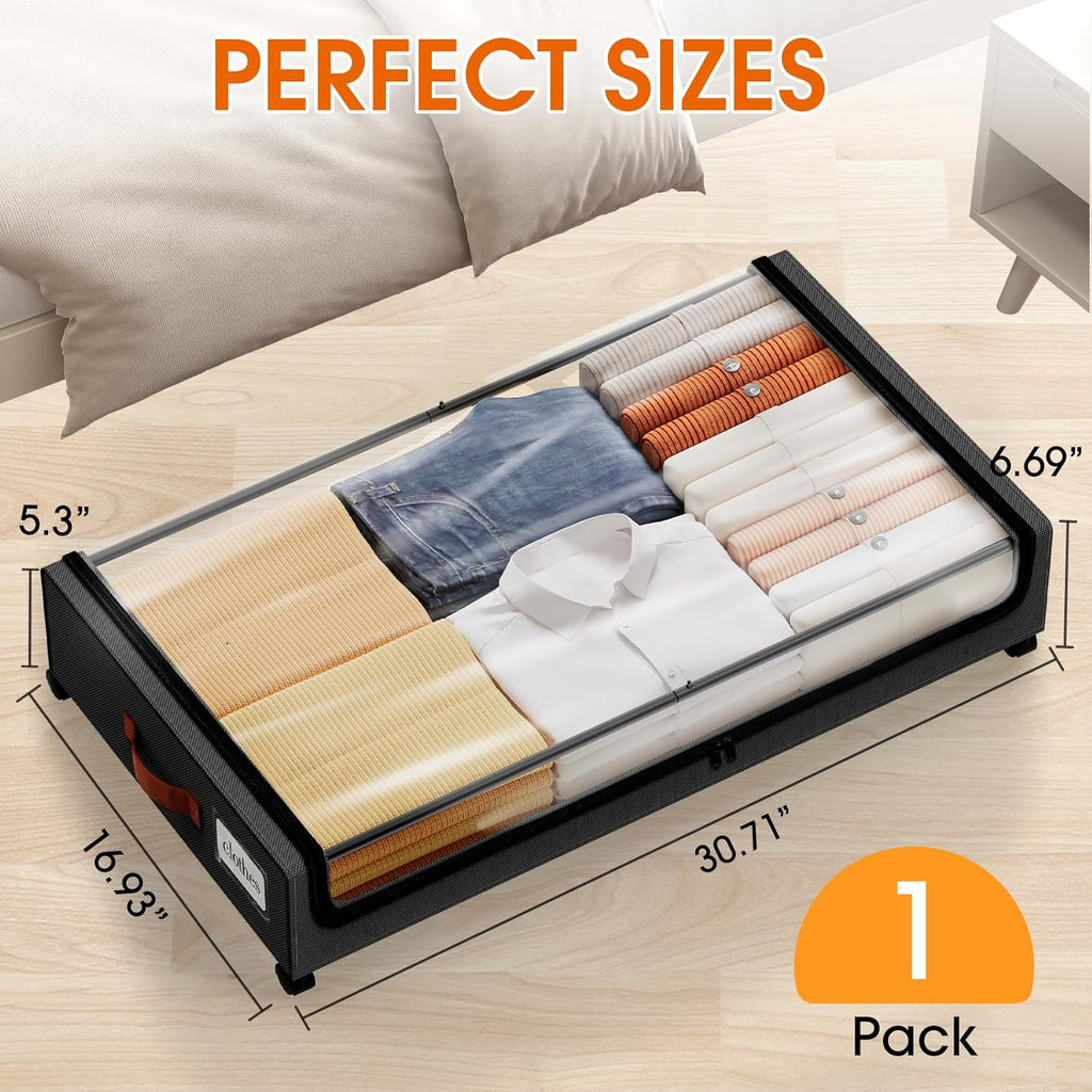 Under Bed Storage with Wheels 1Pack Storage Containers with Clear Window&Label Under Bed Drawers Rolling Under Bed Storage for Clothes,Shoes, Blankets (30.71 x 16.93 x 6.69 in, Black)