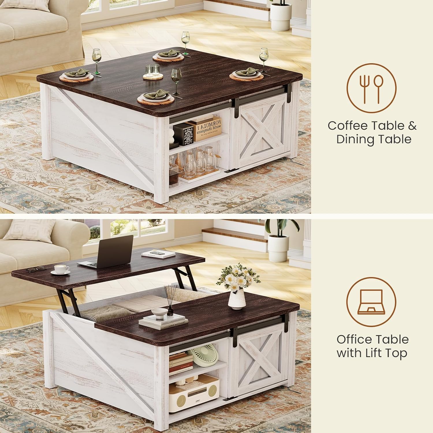 SEDETA 31.5" Lift Top Coffee Table with Storage, Square Coffee Tables for Living Room, Farmhouse Coffee Table with Large Hidden Storage Compartment and Adjustable Shelves, Vintage White