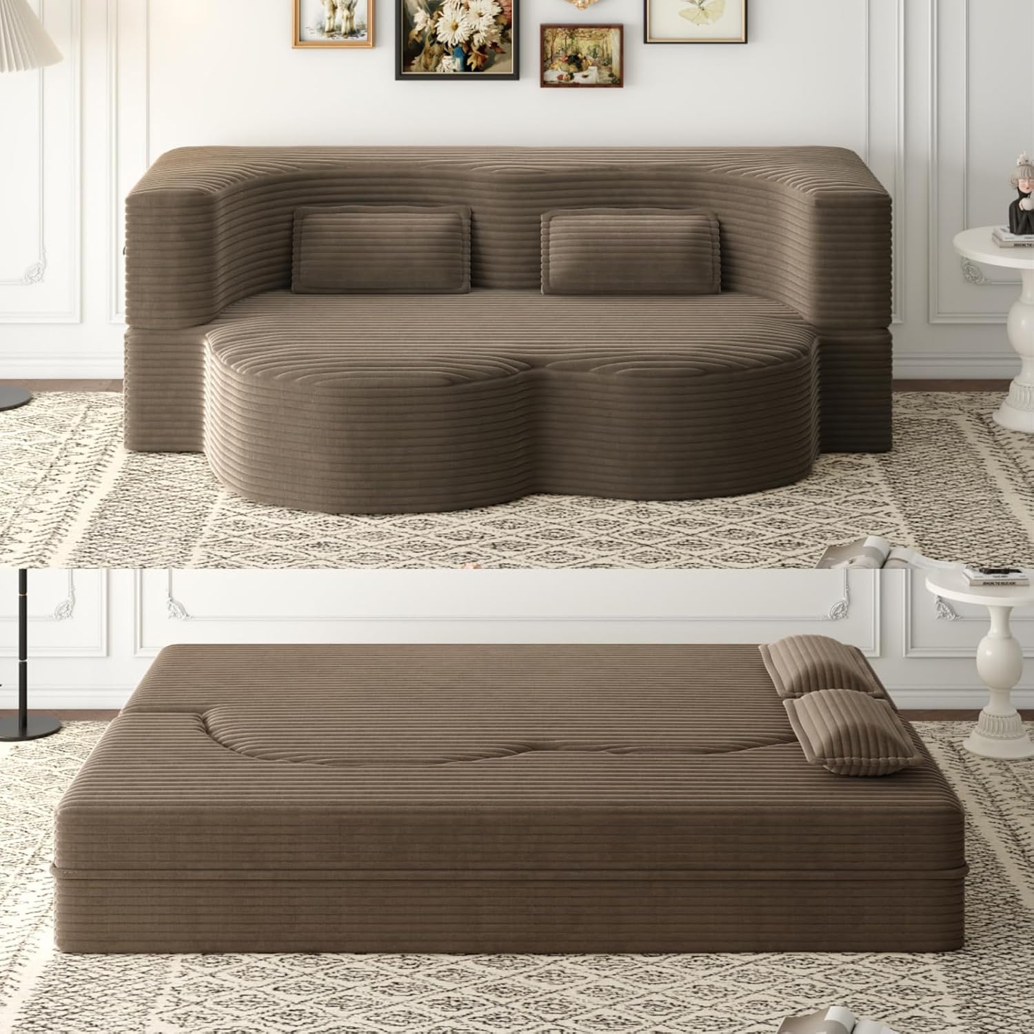 2 in 1 Convertible Folding Sofa Bed, Plush Corduroy Lazy Lounge Sofabed, Foam Folding Floor Sofa Bed, 78" Full Size Memory Foam Couch for Living Room Guestroom, No Assembly Required Sofabed (Coffee )