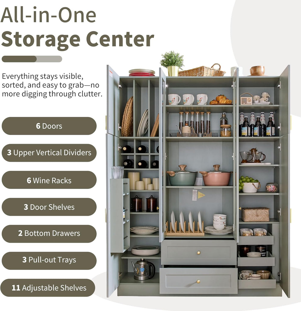 71" H Large Kitchen Pantry with 6 Doors, 53.2" L x 17.7" W Woo...