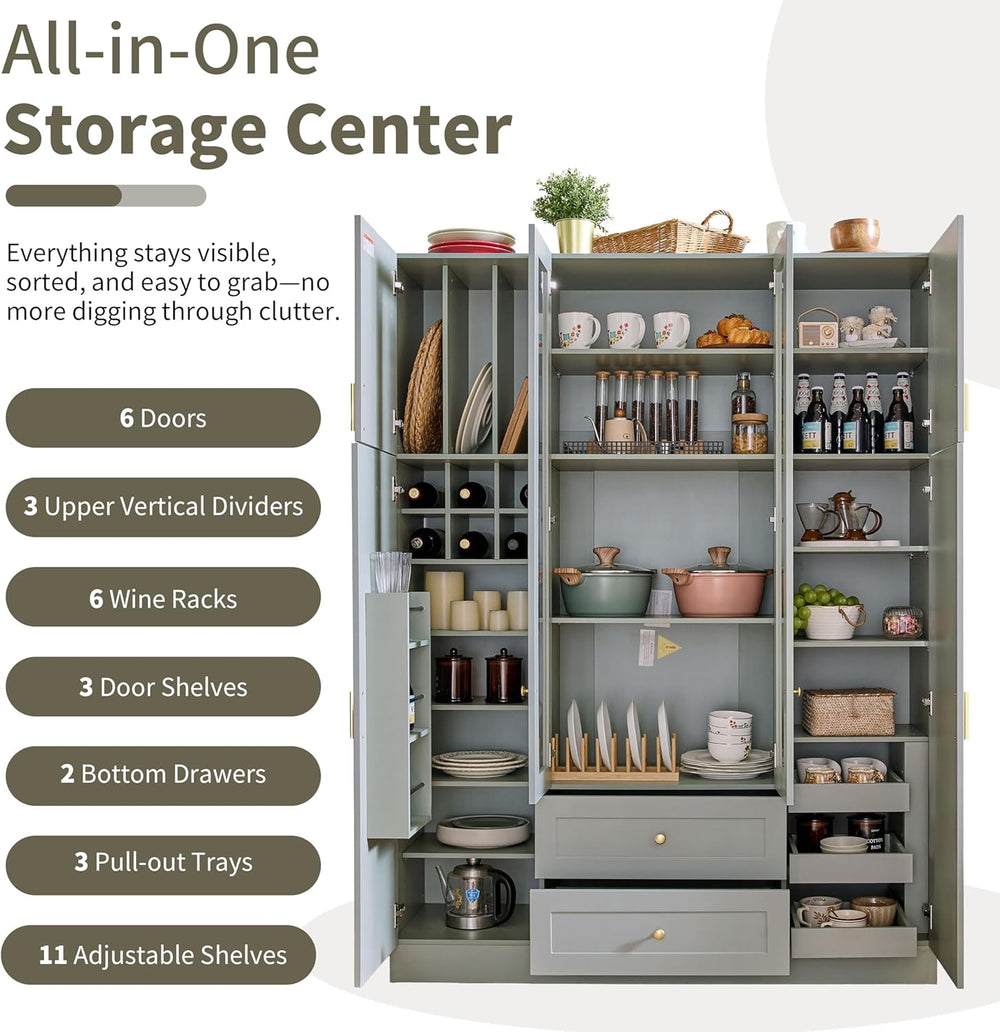 Large Kitchen Pantry Cabinet with 6 Doors and Drawers, Storage Cabinet Cupboa...