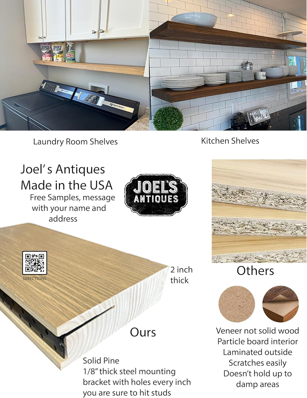 joelsantiques 60 Inch Wooden Floating Shelves for Wall - 60x8x2 in - Made of Natural Wood - Long Heavy Duty Rustic Wall Shelves for Bedroom - Perfect for Living Room, Kitchen - Medium Brown