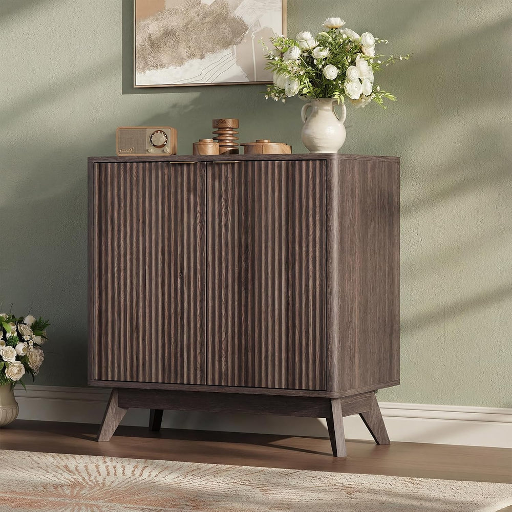 Fluted Sideboard Buffet Cabinet, Modern Wood Accent Cabinet, Walnut
