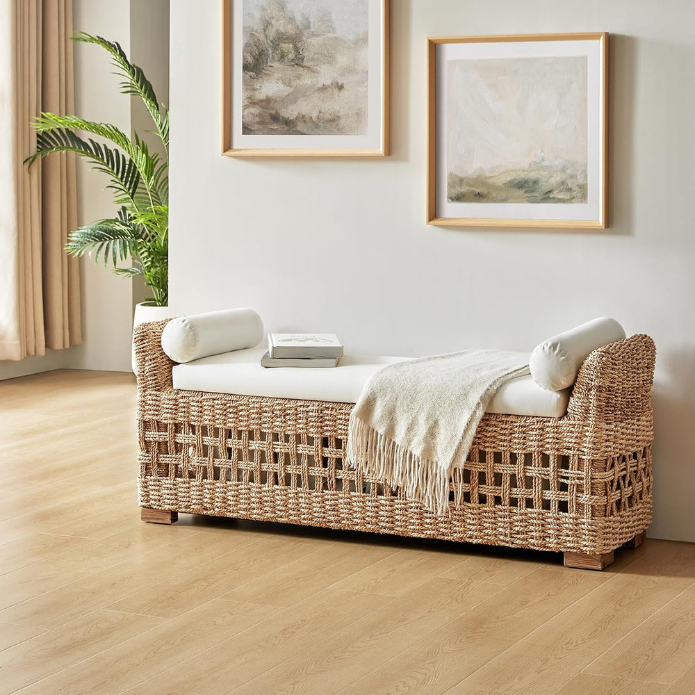 HULALA HOME 56" Rattan Storage Bench, Boho Wicker End of Bed Bench, Natu...