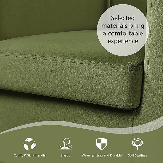 Yaheetech Velvet Accent Chair, Modern and Comfortable Armchairs, Upholstered Barrel Sofa Chair for Living Room Bedroom Waiting Room, Olive Green