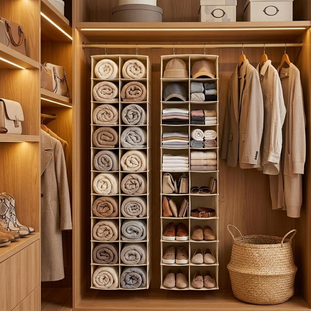 20 Section Hanging Shoe Organizer for Closet, Beige | Hanging Closet Organizer and Storage for Wardrobe, Dorm, Bedroom, Space Saving Foldable Clothes Shelf with Sturdy Hooks