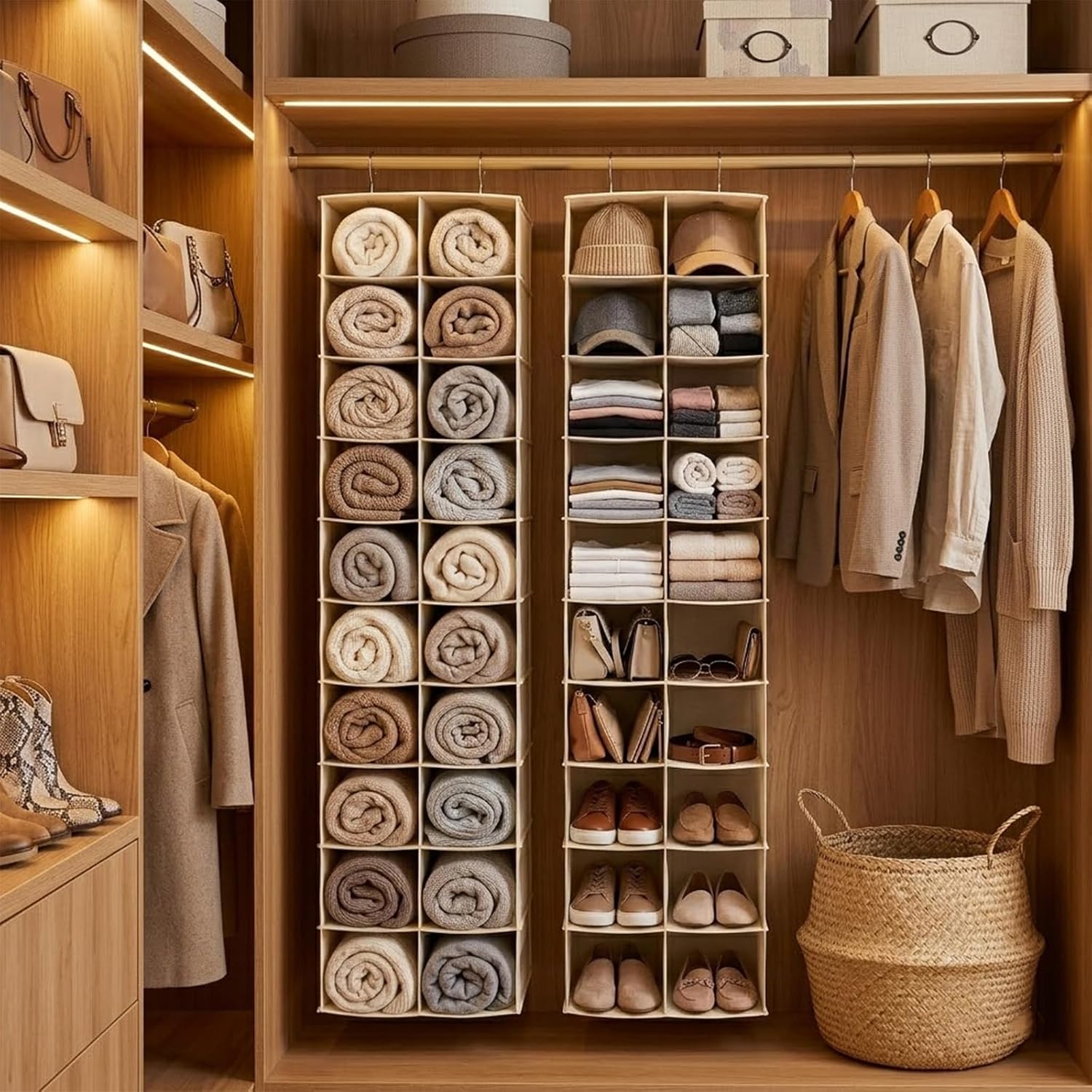 20 Section Hanging Shoe Organizer for Closet, Beige | Hanging Closet Organizer and Storage for Wardrobe, Dorm, Bedroom, Space Saving Foldable Clothes Shelf with Sturdy Hooks