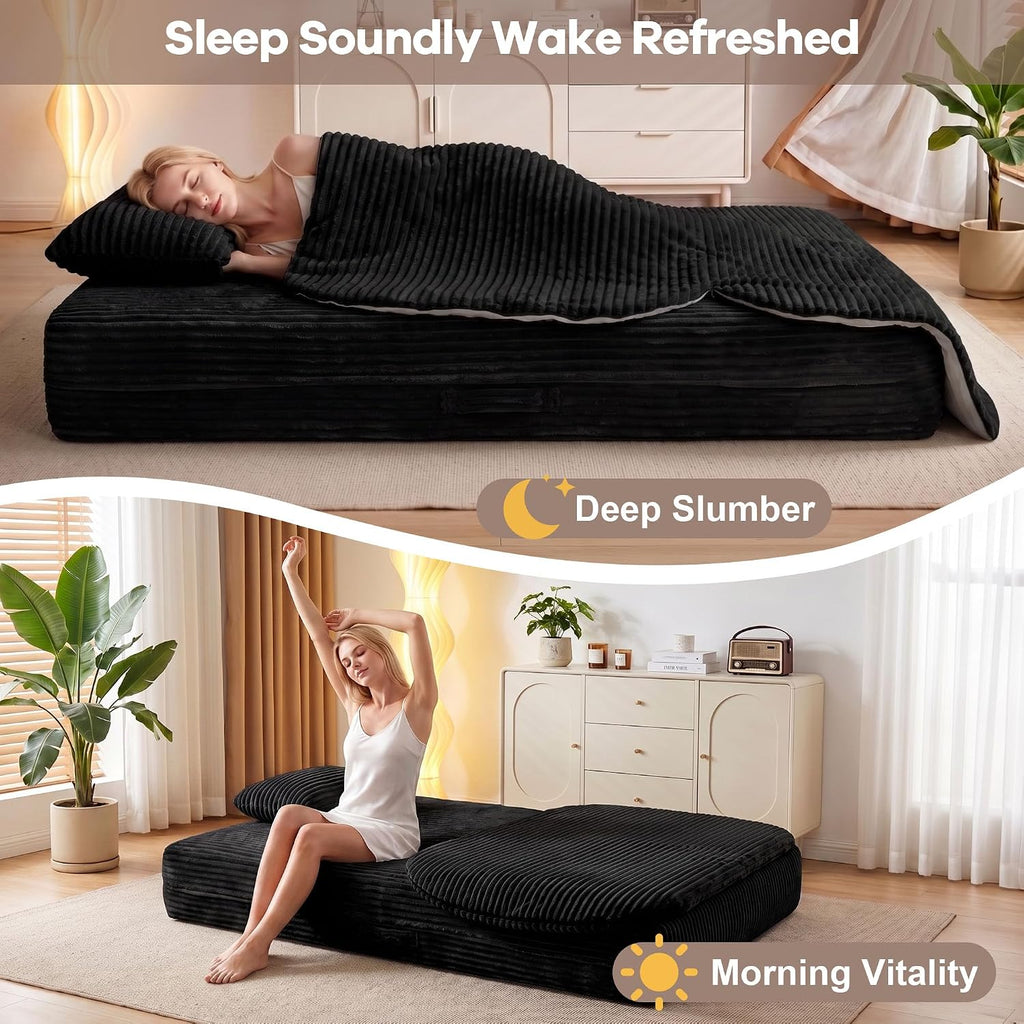75'' Folding Sleeper Sofa Bed, Memory Foam Boneless Couch | Full Size Guest Bed Mattress, Modern 2-in-1 Floor Deep Seat Sleeper Sofa with 4 Pillows and Blanket | Corduroy Black