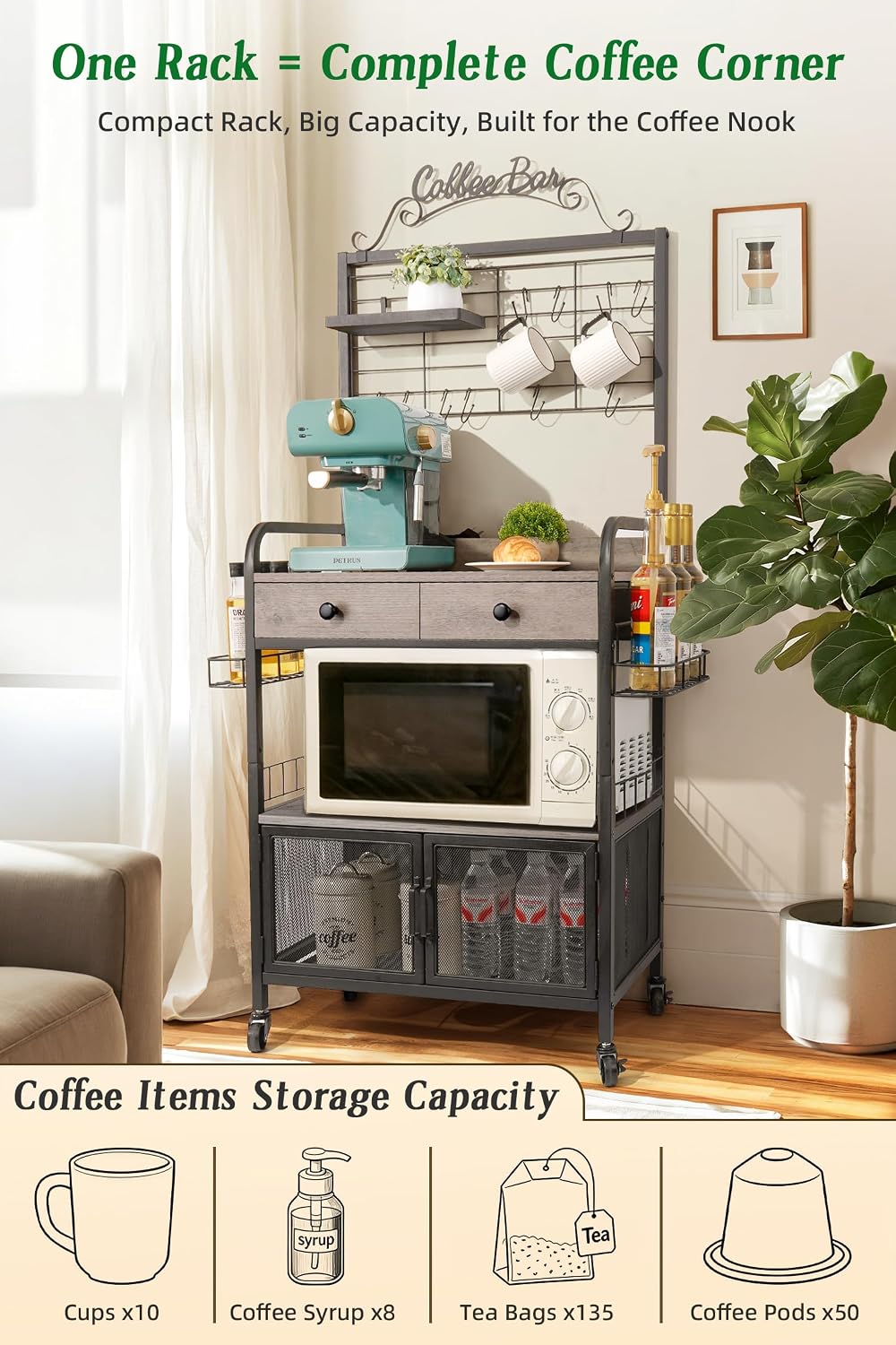 Coffee Bar Cabinet with Storage, Coffee Cart with Wheels, Coffee Station with...